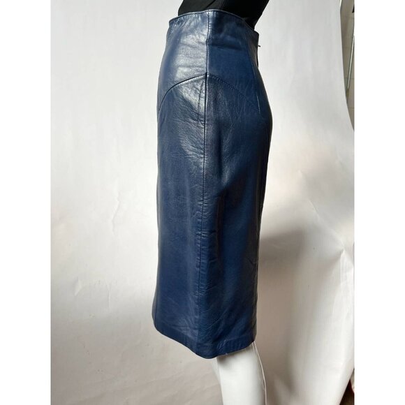 Mario Zarelli Womens Leather Pencil Skirt Blue Knee Length Lined 8 - Picture 4 of 11